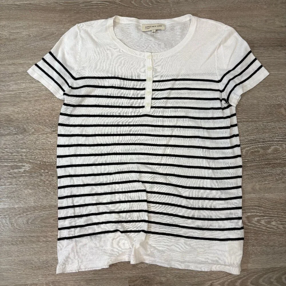 Jones New York Sport Henley Top Size L Striped Cap Sleeves Cotton Blend - Picture 1 of 7